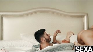 Sexy brunette babe enjoys passionate bedroom sex with her man